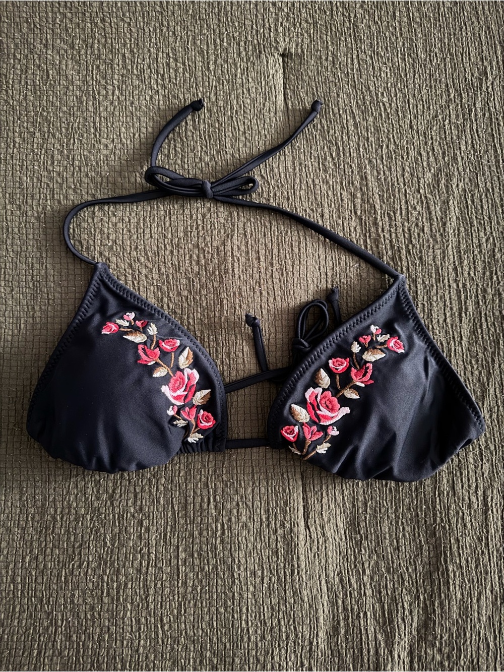 Mossimo Black Bikini Top with Pink Rose Embroidery